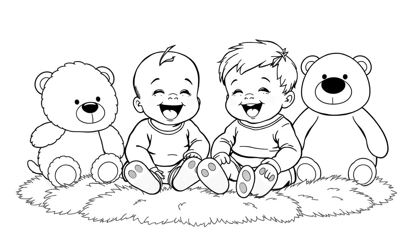 Twee lachende baby's met teddyberen, als een zwart-wit kleurplaat.