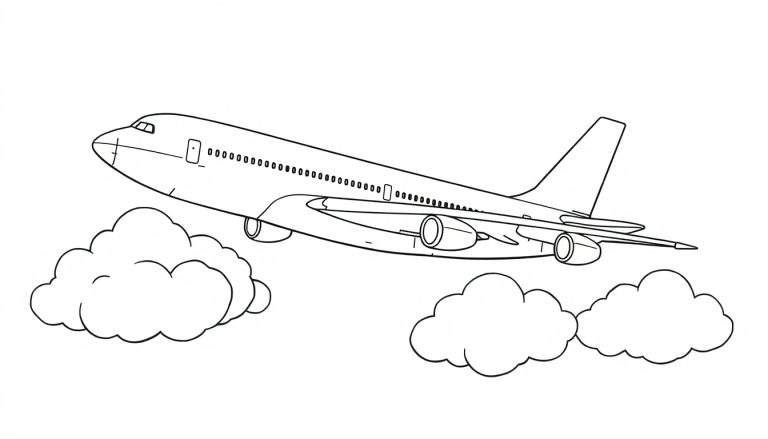 Kleurplaat van een Boeing 747 die door de wolken vliegt.