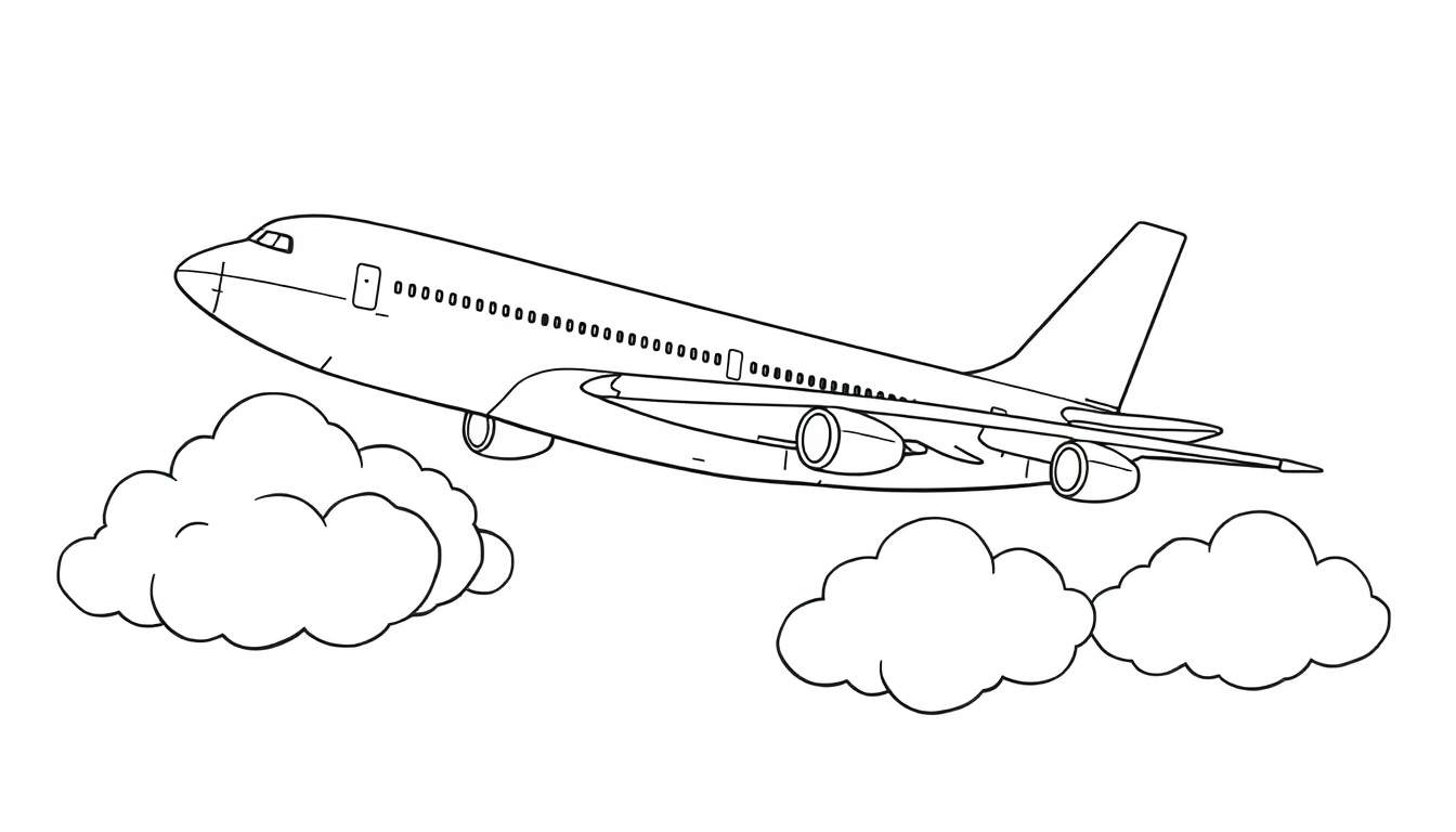 Kleurplaat van een Boeing 747 die door de wolken vliegt.