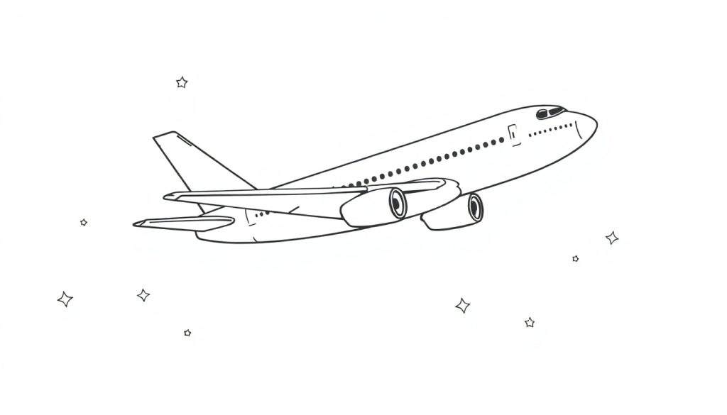 Kleurplaat van een Boeing 747 in de lucht met sterren.