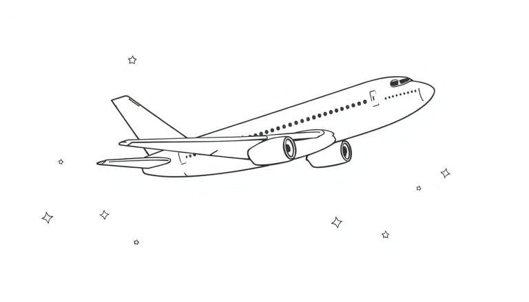 Kleurplaat van een Boeing 747 in de lucht met sterren.