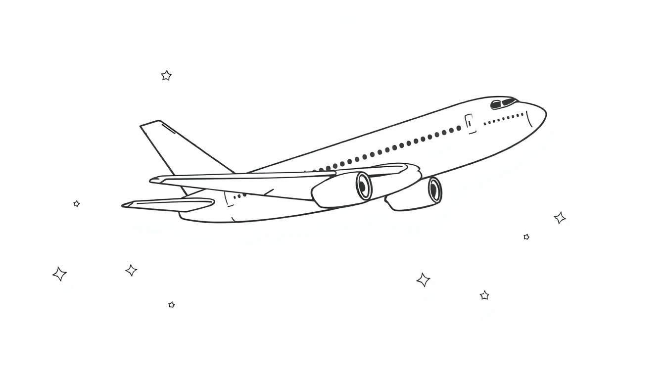 Kleurplaat van een Boeing 747 in de lucht met sterren.