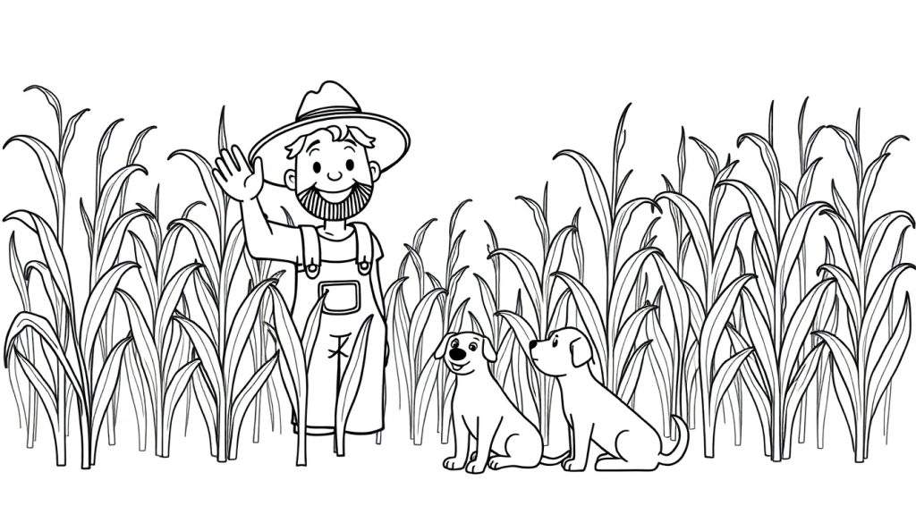 Boer met twee honden in een graanveld, zwart-wit kleurplaat