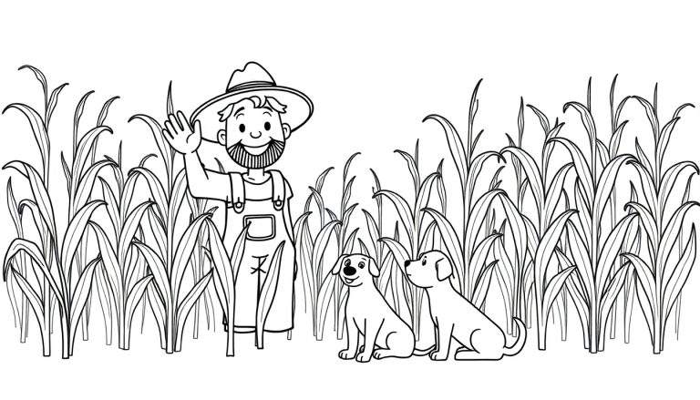 Boer met twee honden in een graanveld, zwart-wit kleurplaat