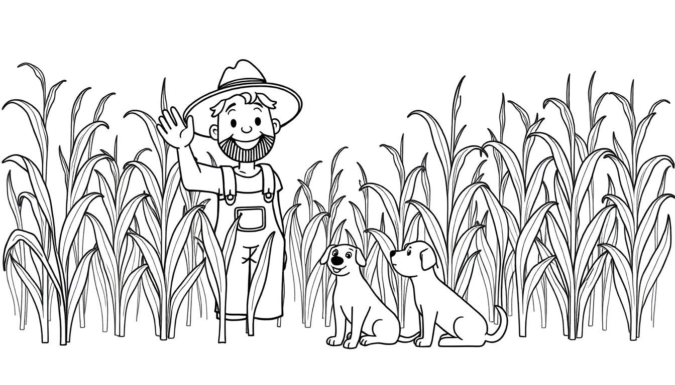 Boer met twee honden in een graanveld, zwart-wit kleurplaat