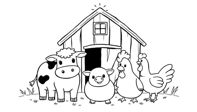 Een simpele zwart-wit kleurplaat van een boerderij met een koe, varken, haan en kip.