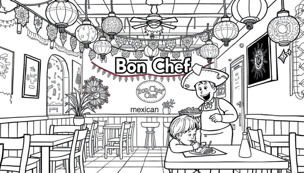 Kleurplaat van Mexicaans restaurant 'Bon Chef' met chef-kok en jongen