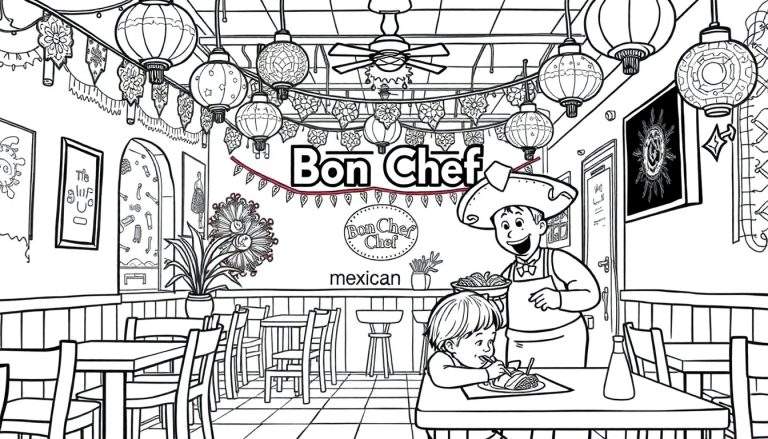 Kleurplaat van Mexicaans restaurant 'Bon Chef' met chef-kok en jongen