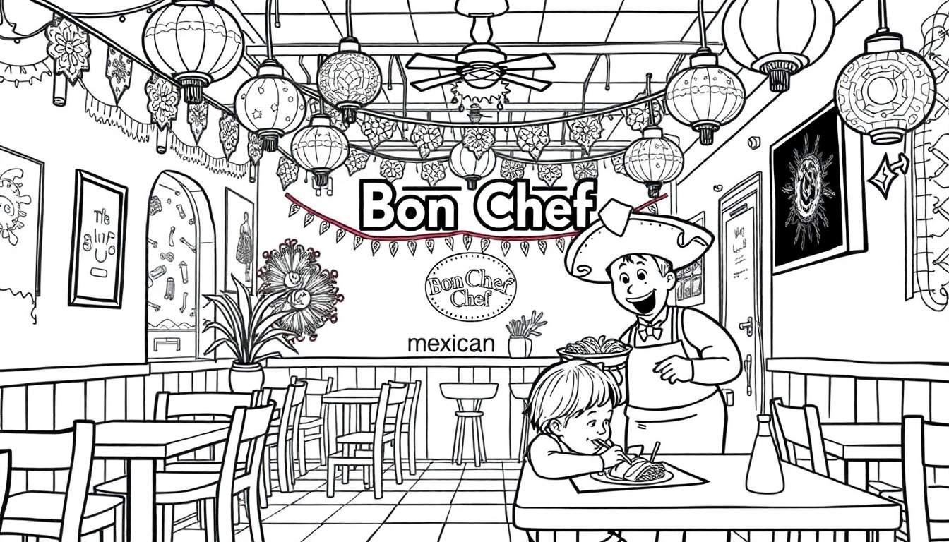 Kleurplaat van Mexicaans restaurant 'Bon Chef' met chef-kok en jongen