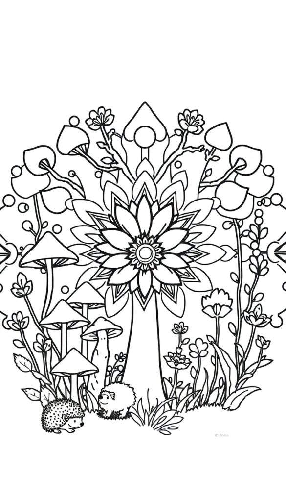 Zwart-wit lijntekening van een bos mandala kleurplaat met egels en paddenstoelen.