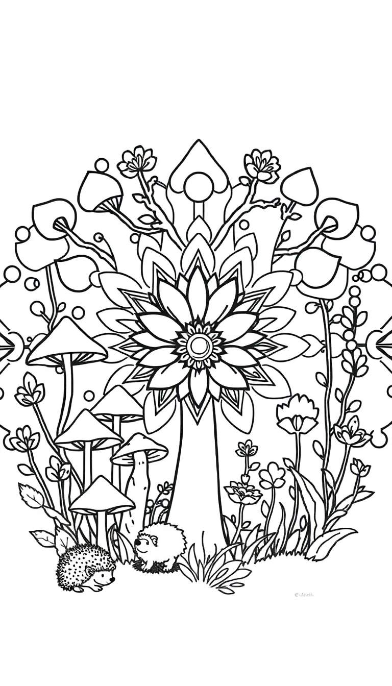 Zwart-wit lijntekening van een bos mandala kleurplaat met egels en paddenstoelen.