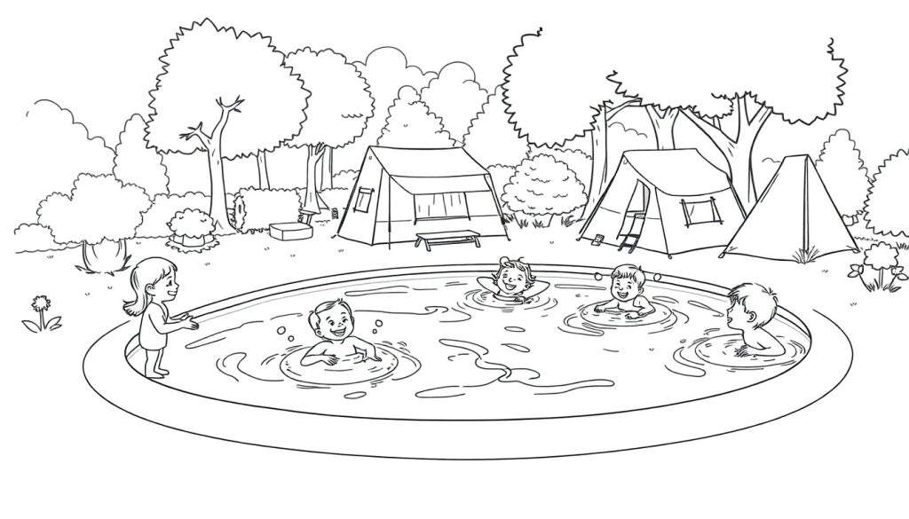 Zwart-wit kleurplaat van een camping met een zwembad en spelende kinderen.