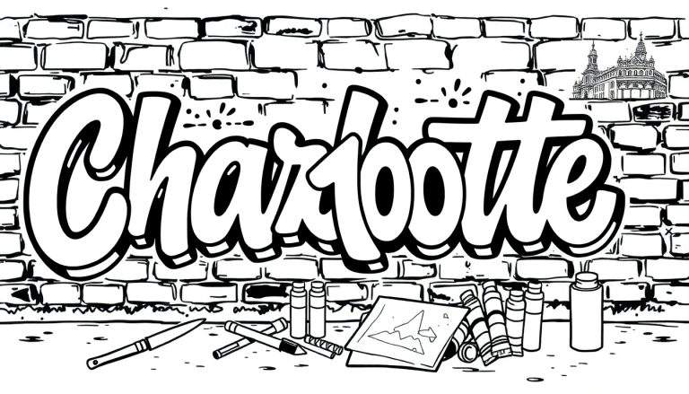 Kleurplaat van het woord Charlotte in graffiti stijl op een bakstenen muur met knutselspullen en Parijse architectuur.