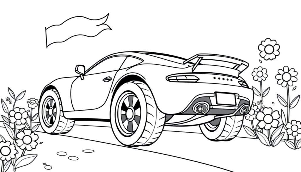 Een zwart-wit kleurplaat van een Cupra sportwagen in een landschap met bloemen en een vlag.