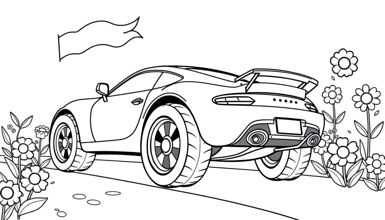 Een zwart-wit kleurplaat van een Cupra sportwagen in een landschap met bloemen en een vlag.