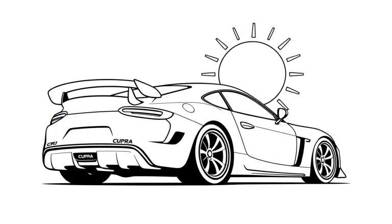 Kleurplaat van een Cupra sportauto met grote spoiler en sportvelgen, met een zon achter de auto.