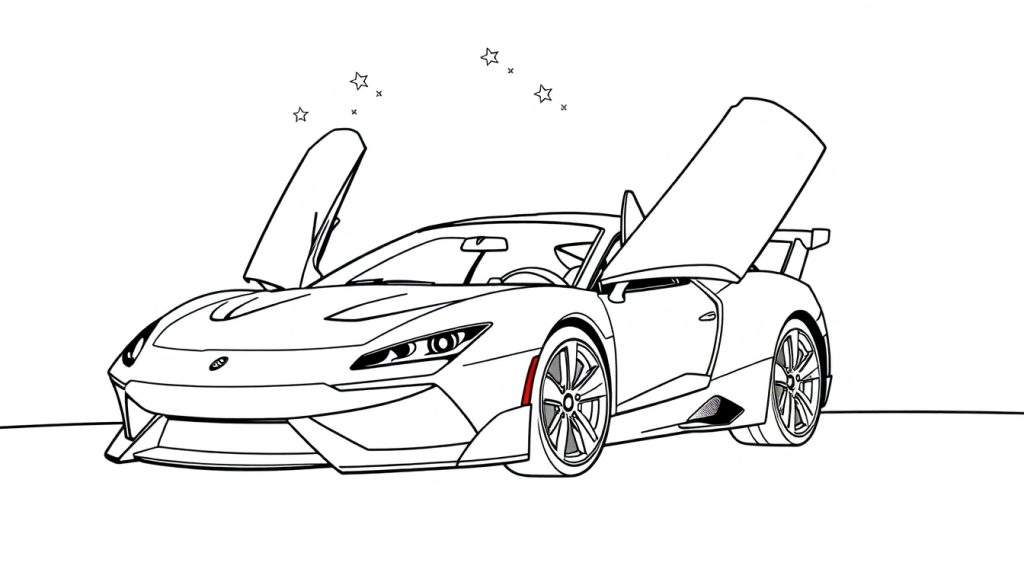 Kleurplaat van een Cupra sportauto met vleugeldeuren omhoog.