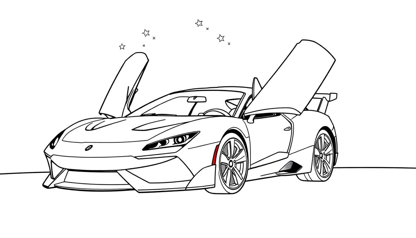 Kleurplaat van een Cupra sportauto met vleugeldeuren omhoog.