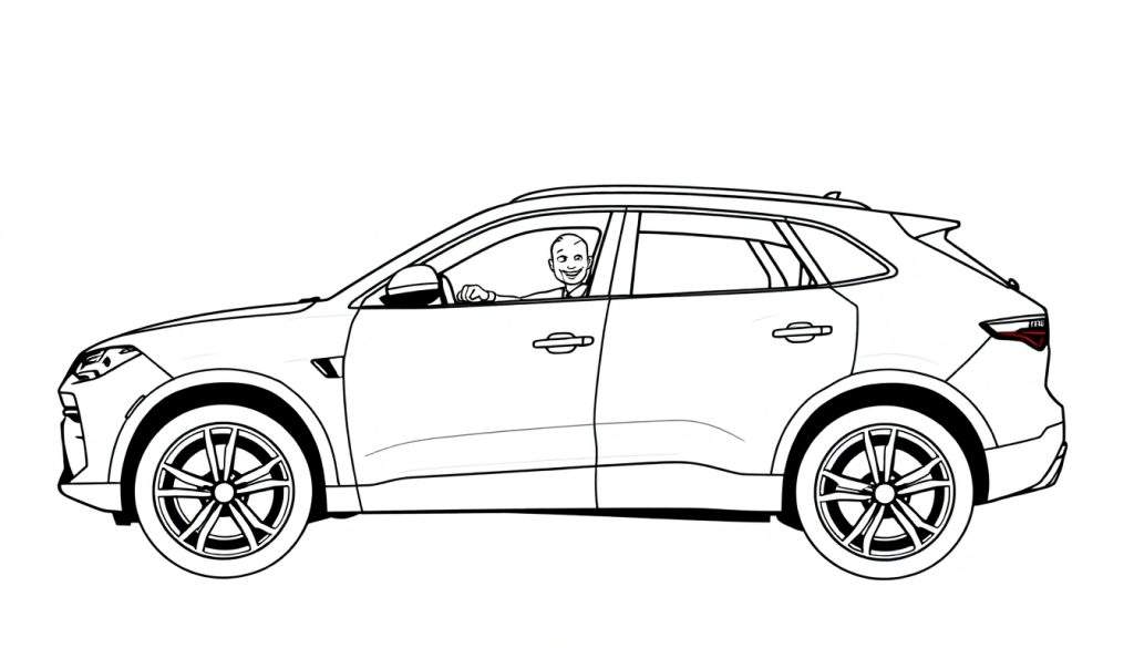 Kleurplaat van een Cupra SUV met glimlachende bestuurder.