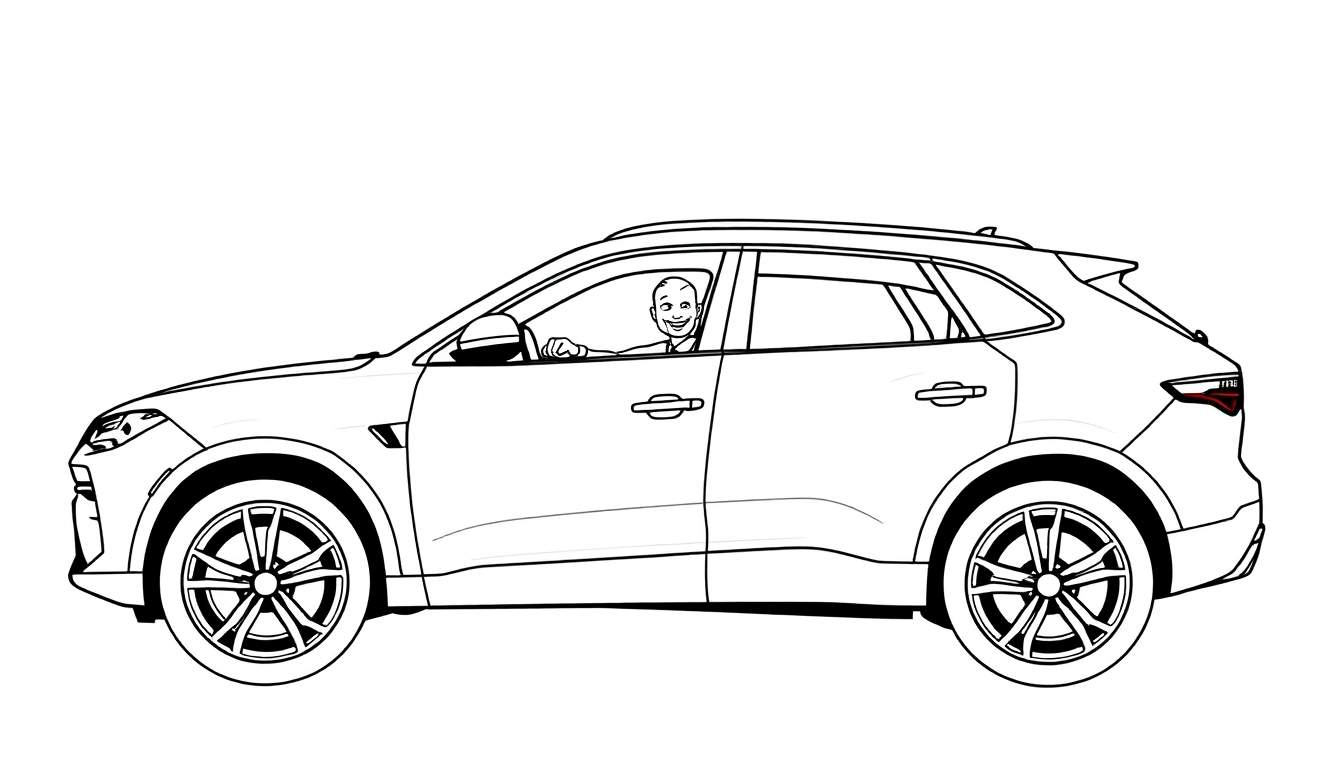 Kleurplaat van een Cupra SUV met glimlachende bestuurder.