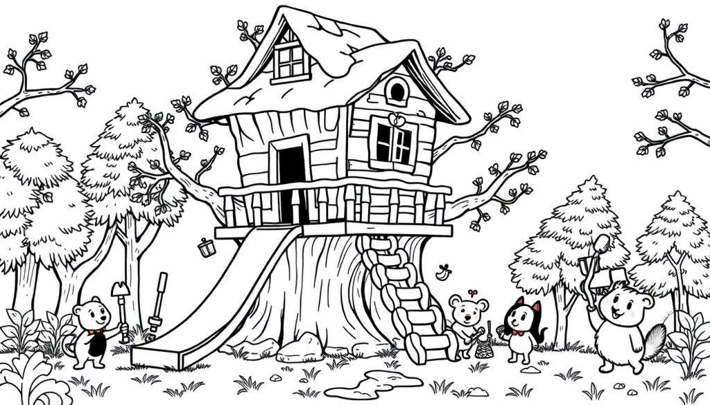 Illustratie van een boomhut als bouwtekening, met een muis met een hark, een beer met een gitaar en een kat met een lint, als kleurplaat.