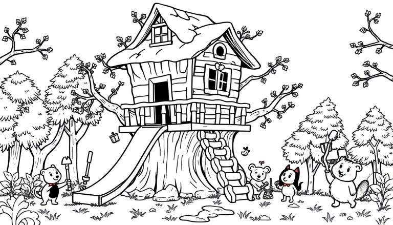 Illustratie van een boomhut als bouwtekening, met een muis met een hark, een beer met een gitaar en een kat met een lint, als kleurplaat.