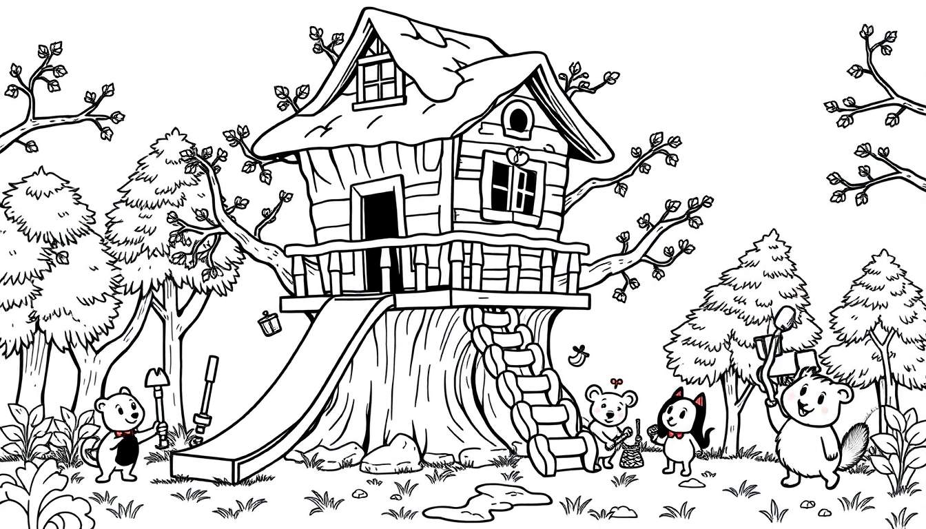 Illustratie van een boomhut als bouwtekening, met een muis met een hark, een beer met een gitaar en een kat met een lint, als kleurplaat.