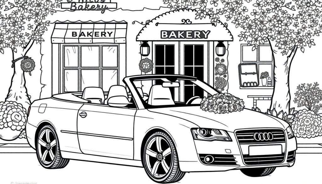 Kleurplaat van een witte cabriolet met bloemen voor een bakkerij.