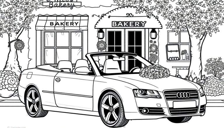 Kleurplaat van een witte cabriolet met bloemen voor een bakkerij.