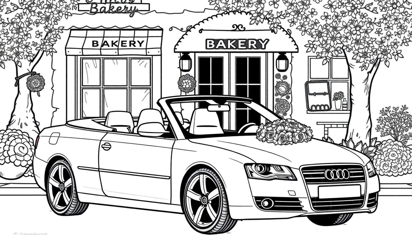 Kleurplaat van een witte cabriolet met bloemen voor een bakkerij.