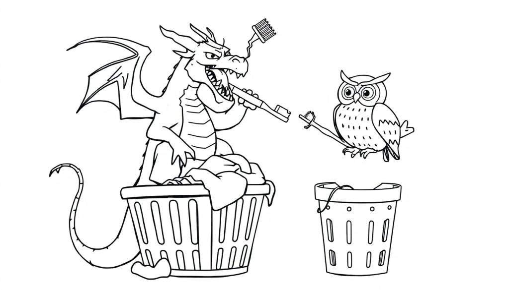 Zwart-wit kleurplaat van een boze draak met een tandenborstel in zijn mond, zittend op een wasmand, terwijl een uil op een tak kijkt.