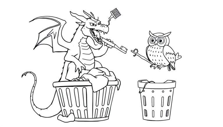 Zwart-wit kleurplaat van een boze draak met een tandenborstel in zijn mond, zittend op een wasmand, terwijl een uil op een tak kijkt.