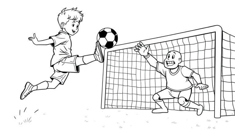 Kleurplaat van een jongen die een penalty neemt en scoort, met een keeper die net te laat is.