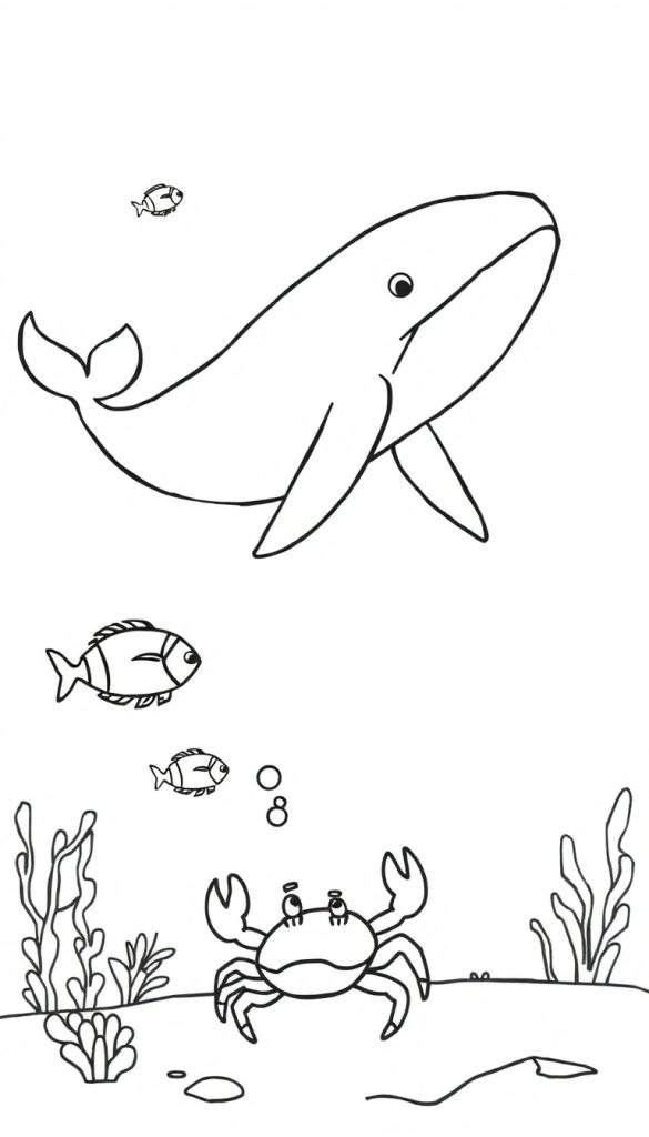 Kleurplaat van een onderwaterwereld met een walvis, vissen en een krab.