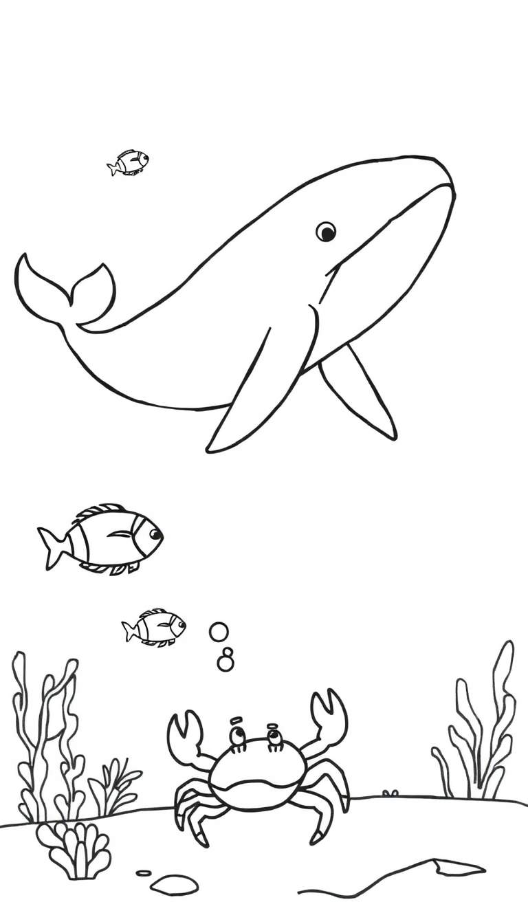 Kleurplaat van een onderwaterwereld met een walvis, vissen en een krab.
