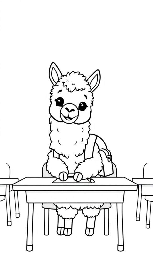 Een antropomorfe lama aan een schooltafel, klaar om te leren, kleurplaat.