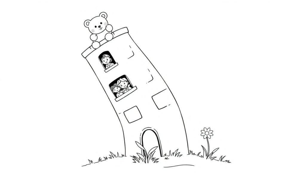 Kleurplaat van een scheve toren met kinderen en een teddybeer.