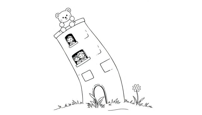 Kleurplaat van een scheve toren met kinderen en een teddybeer.