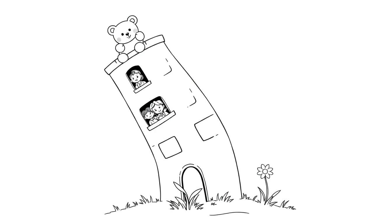 Kleurplaat van een scheve toren met kinderen en een teddybeer.