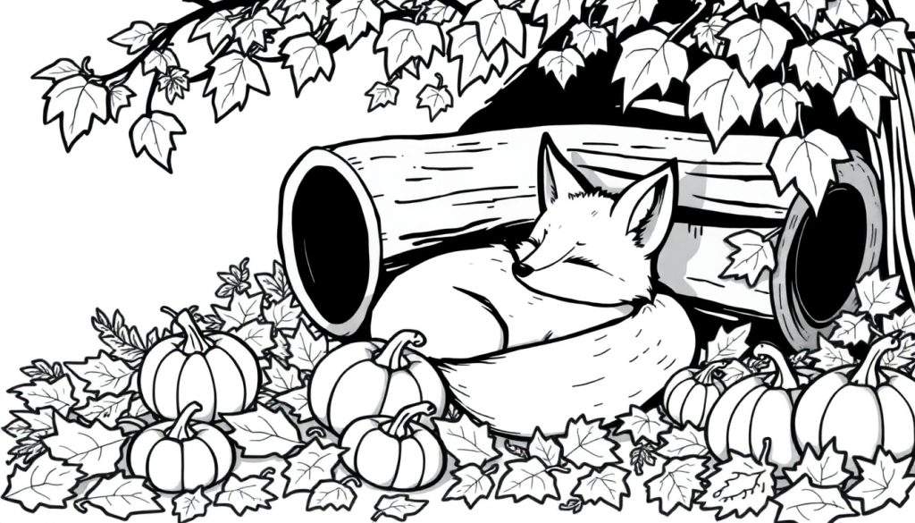 Kleurplaat van een slapende vos in de herfst, bij een holle boomstam met pompoenen en herfstbladeren.