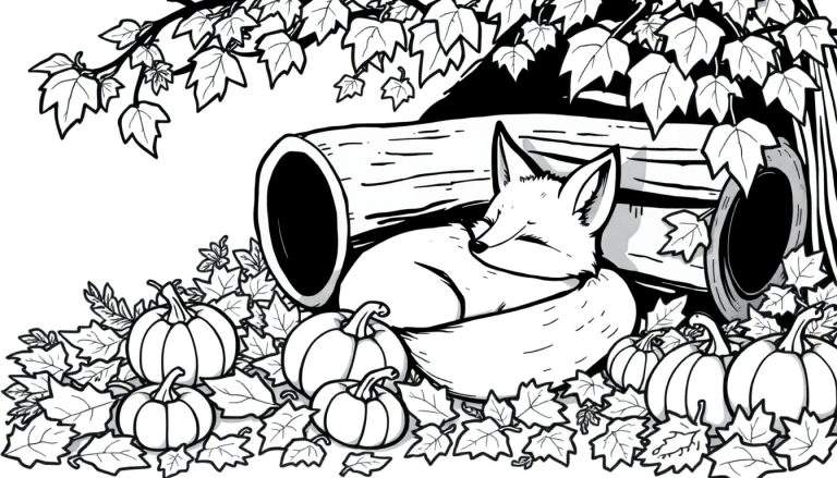 Kleurplaat van een slapende vos in de herfst, bij een holle boomstam met pompoenen en herfstbladeren.