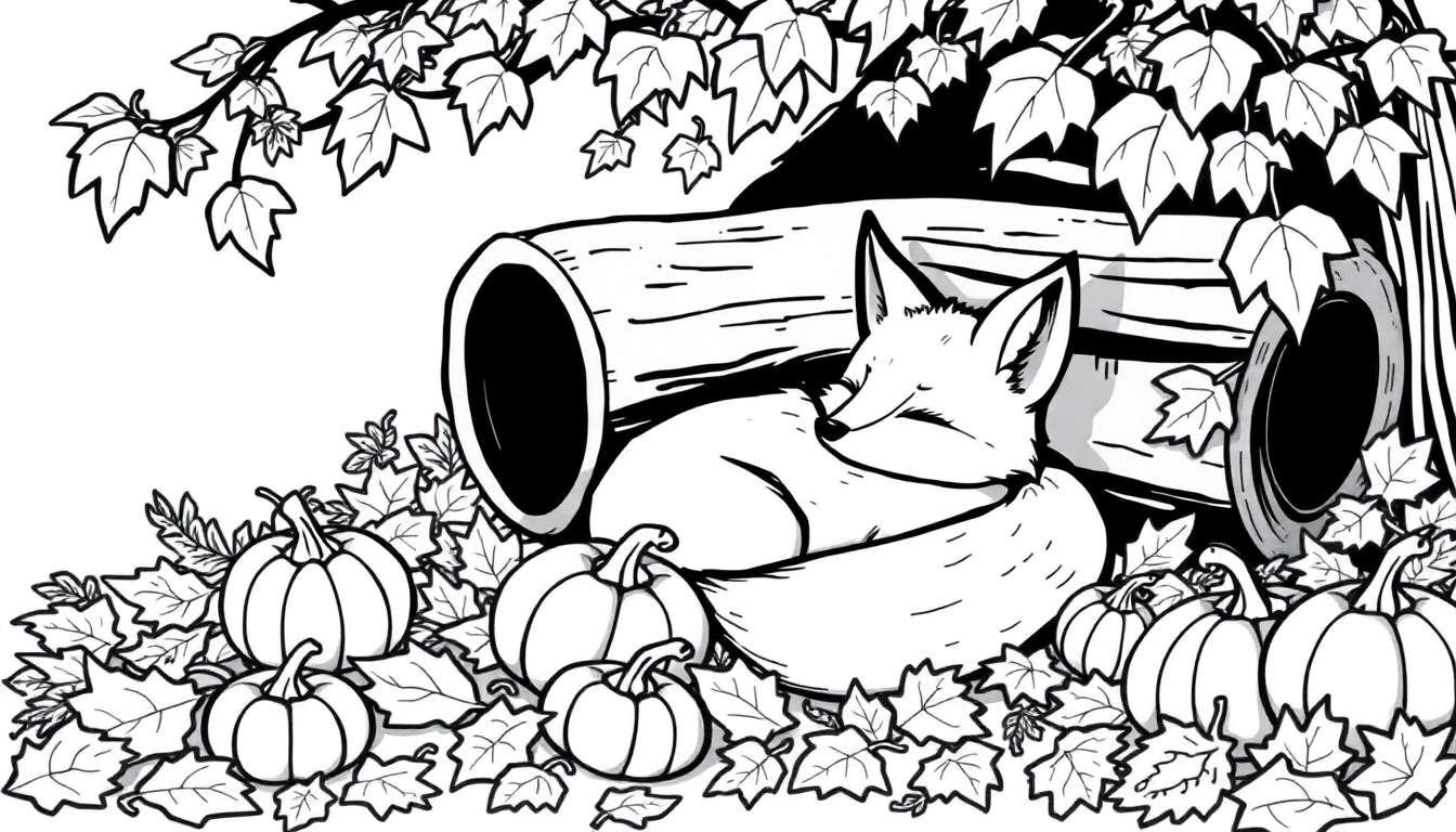 Kleurplaat van een slapende vos in de herfst, bij een holle boomstam met pompoenen en herfstbladeren.