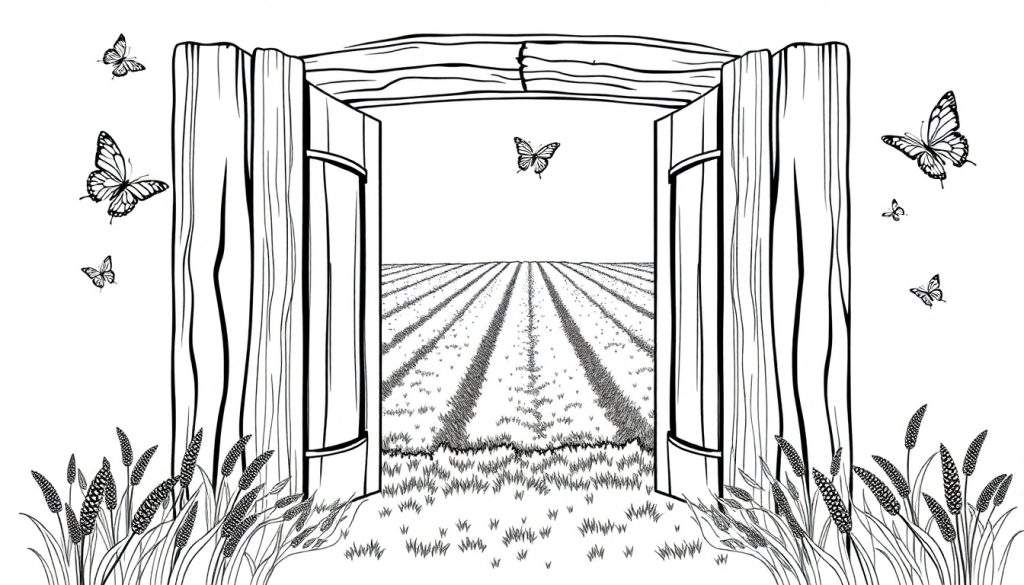 Kleurplaat van een houten poort die uitkijkt op lavendelvelden met vlinders.