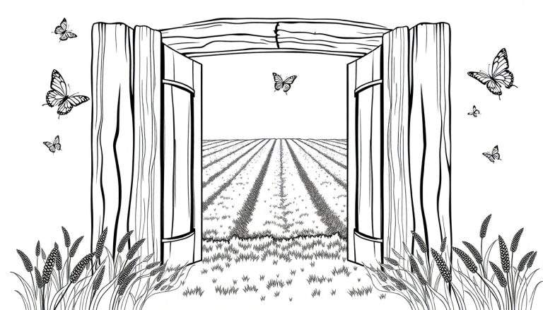 Kleurplaat van een houten poort die uitkijkt op lavendelvelden met vlinders.