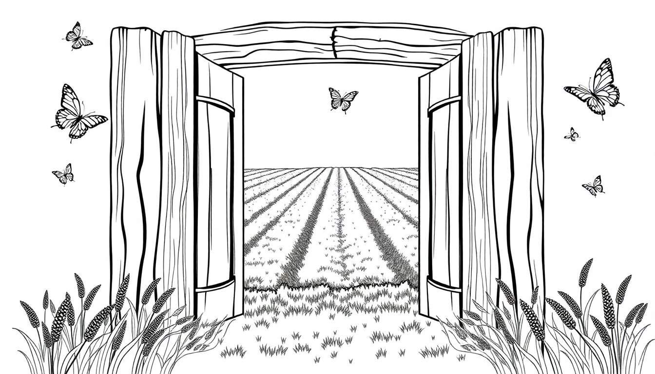 Kleurplaat van een houten poort die uitkijkt op lavendelvelden met vlinders.