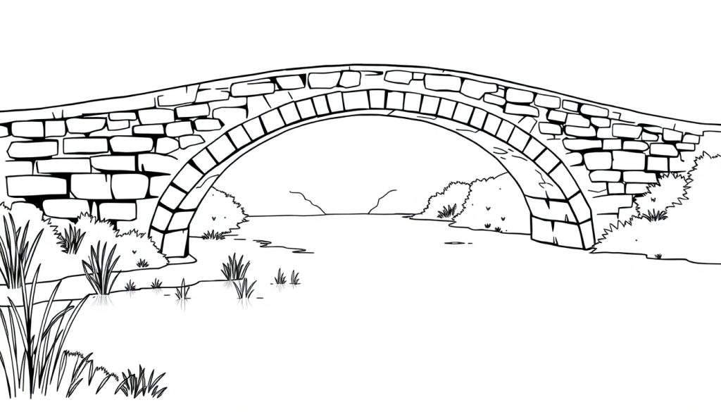 Kleurplaat van een stenen boogbrug met bomen eromheen.