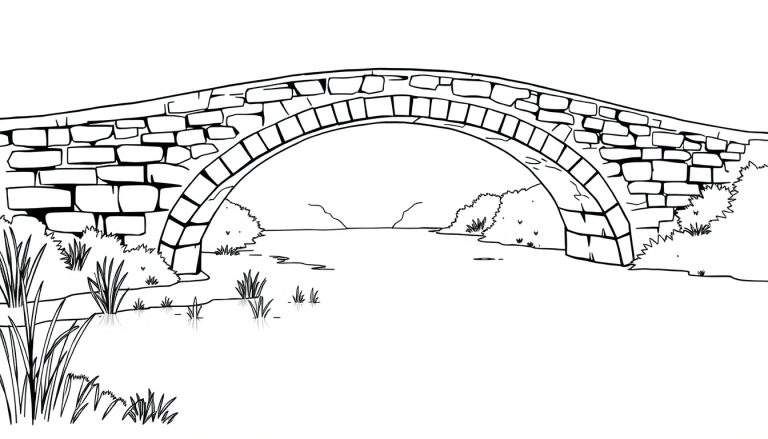 Kleurplaat van een stenen boogbrug met bomen eromheen.