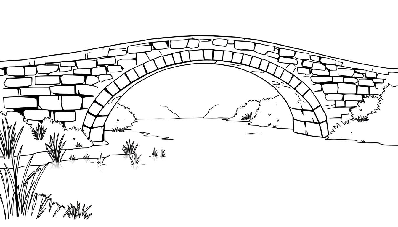 Kleurplaat van een stenen boogbrug met bomen eromheen.