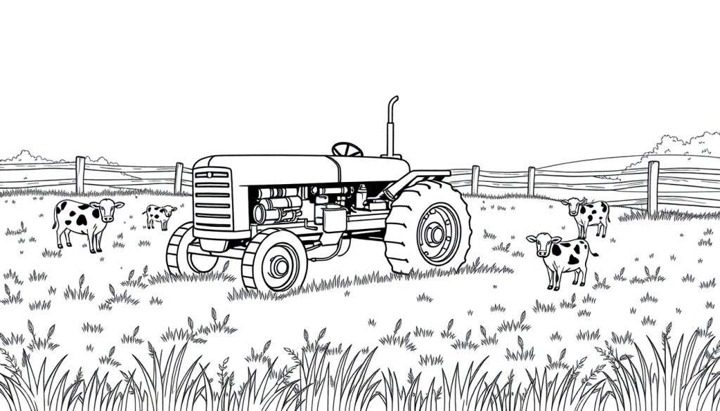 Een zwart-wit kleurplaat van een tractor in een weiland met koeien.