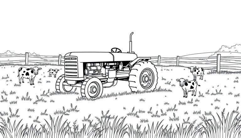 Een zwart-wit kleurplaat van een tractor in een weiland met koeien.